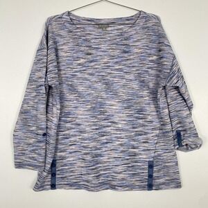 T By Talbots Sweater Womens XL Blue Textured Stripe Button Hem Pullover Roll Tab